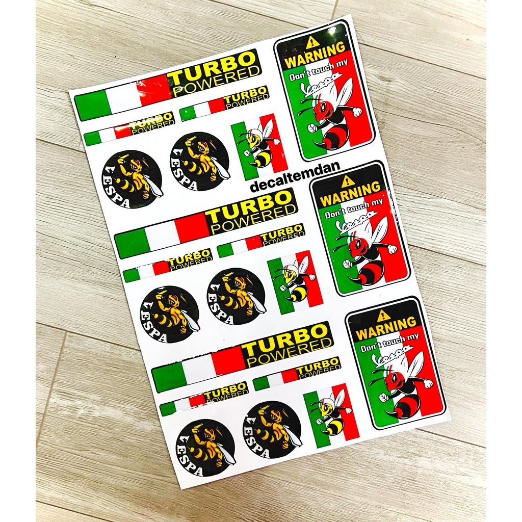 Ddxm - v13h - decal tem nổi con ong cờ ý turbo powered dán xe vespa