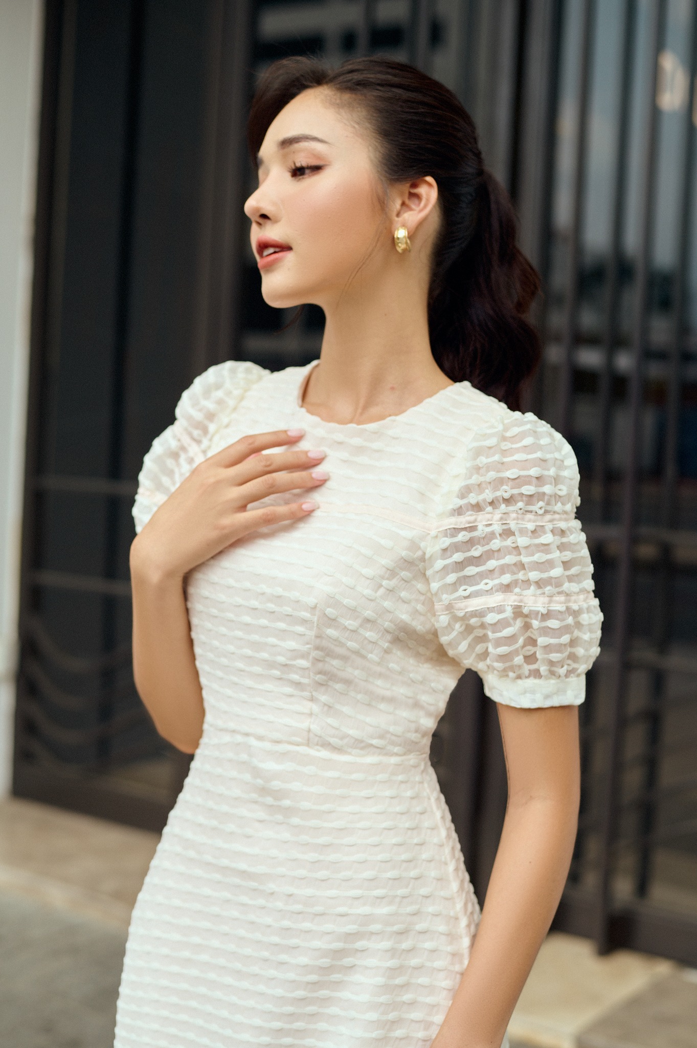 OLV - Đầm Pleating Sleeve Grey Dress
