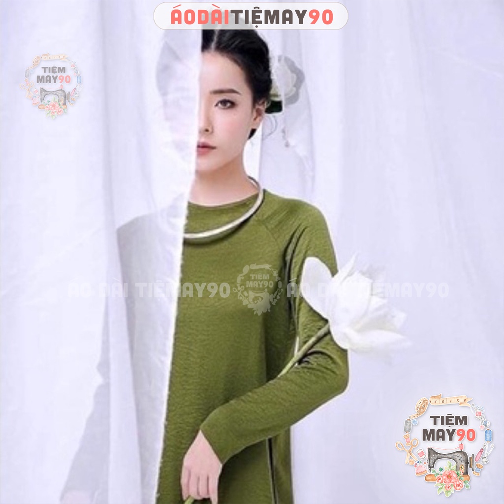Áo dài cách tân nữ xanh cốm dáng suông xưa Tiệm 90 may sẵn lụa xuông bầu dự tiệc lễ tết đẹp AD90079