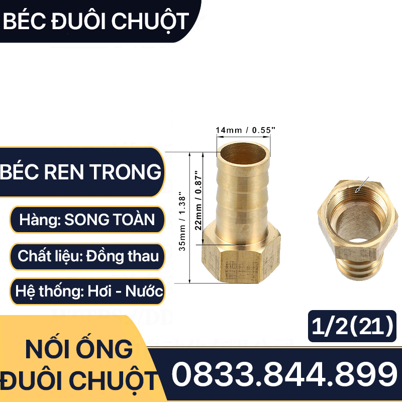 Đầu Nối Ren Trong 21 Đuôi Chuột Cắm Ống Mềm Lòng Trong Đồng Phi 6 8 10 12 14 16 18 20 - Brass Barbed Hose Fitting
