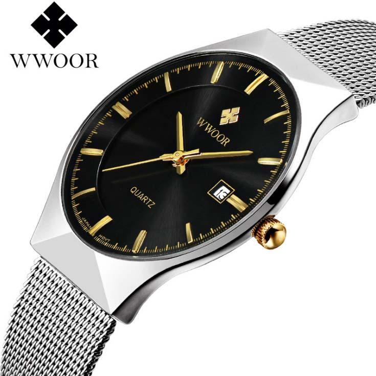 Đồng hồ nam WWOOR 8016 máy mỏng dây thép không gỉ (M Đen)