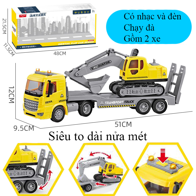 Đồ chơi xe đầu kéo xe xúc dài nửa mét chạy đà có nhạc và đèn gồm 2 xe