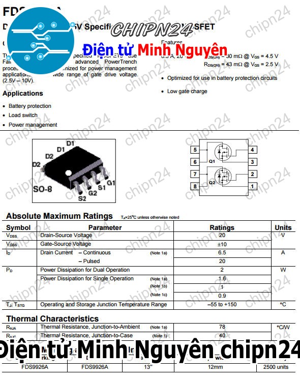 [5 con] (SOP) Mosfet Dán 9926A SOP-8 6.5A 20V Kênh N (9926) - HH001933