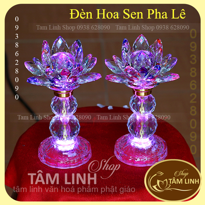 [Có bảo hành] Cặp Đèn Thờ Hoa Sen Pha Lê Cao 25 cm đèn LED đổi 7 màu siêu đẹp.