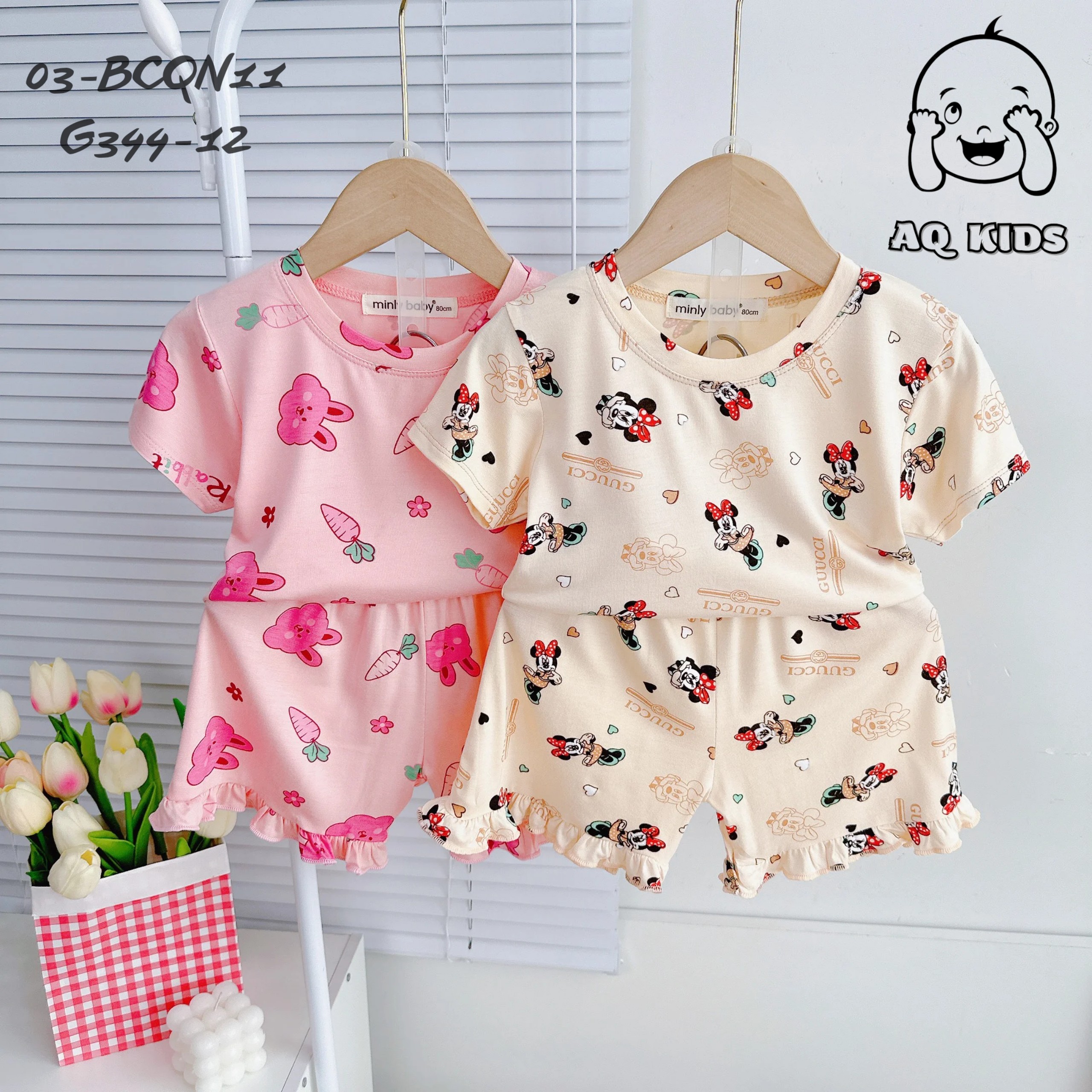 [BÉ 7-30kg] Bộ Thun Lạnh Minly Baby Cộc Tay Bé Gái Bộ Quần Áo Cộc Tay Bé Gái Phối Bèo Tay Điệu Đà Unibaby - G344