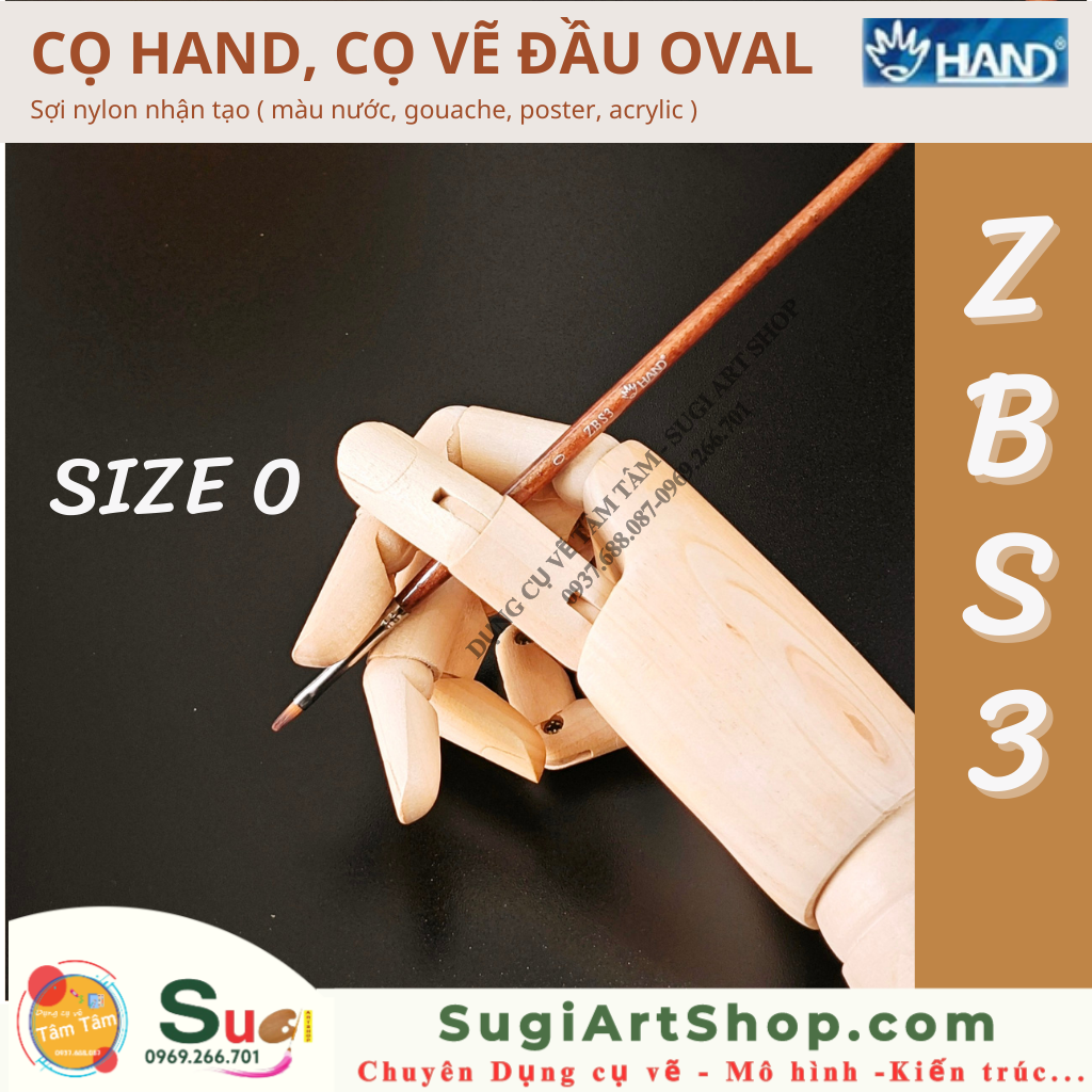 Cọ vẽ màu nước, cọ hand đầu oval thân nâu mã ZBS3, cọ vẽ bột than hand ZBS3 - Dụng cụ vẽ Tâm Tâm