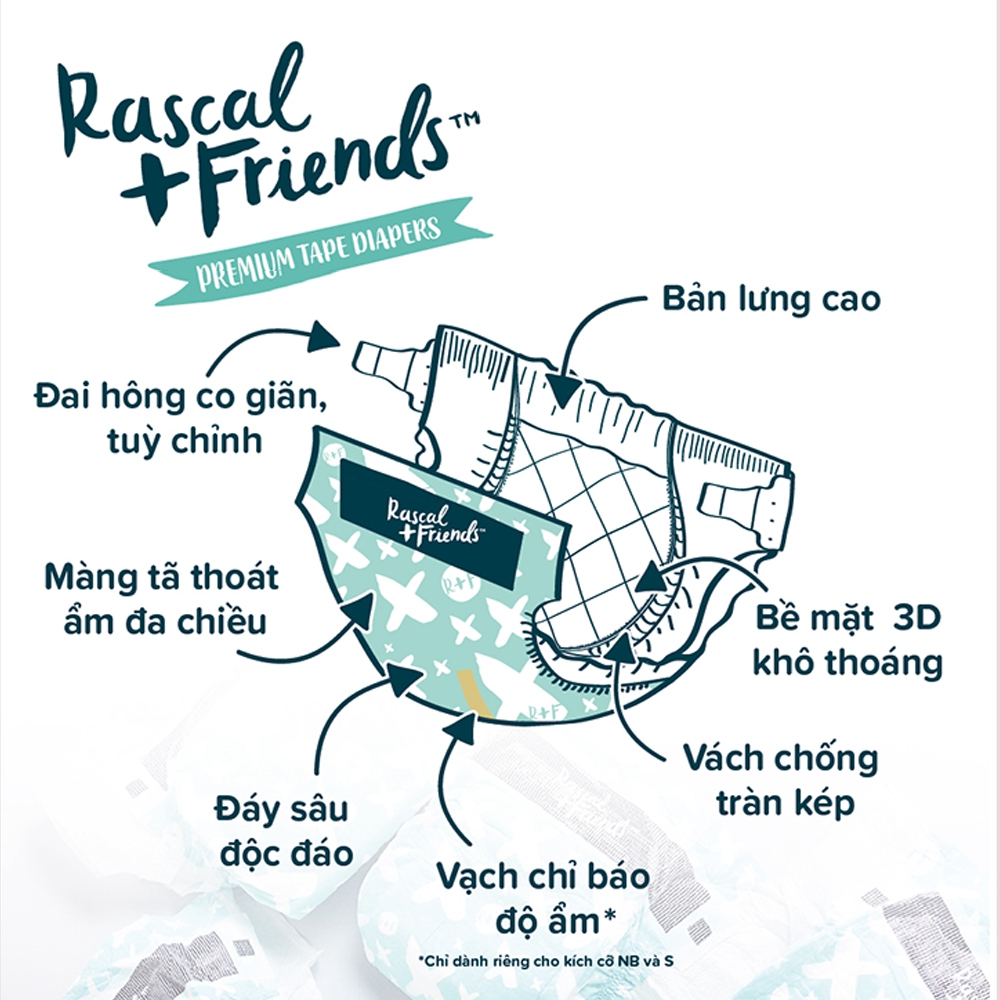Tã dán sơ sinh Rascal + Friends (NB, dưới 5kg, 80 miếng)