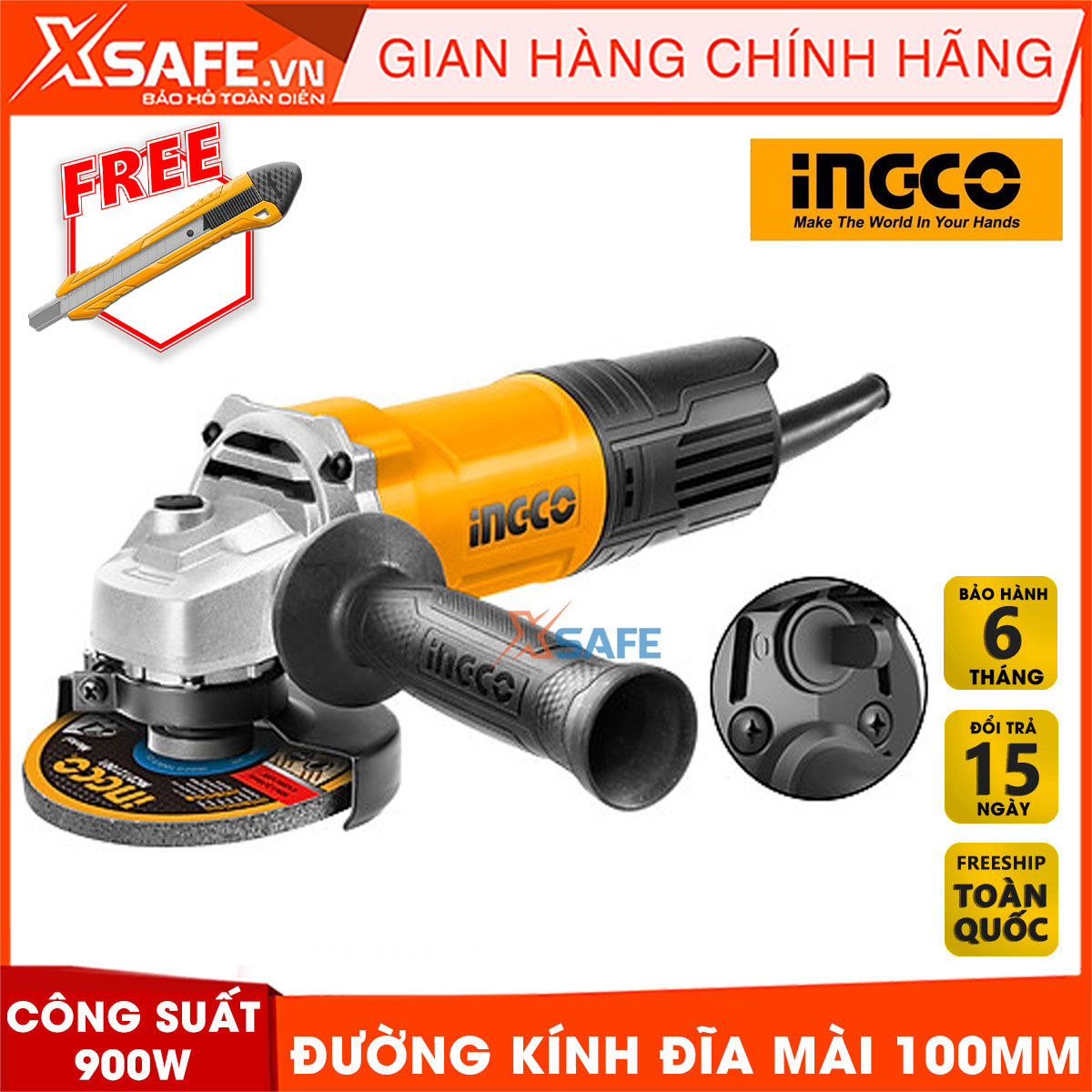 Angle grinder 900W INGCO AG900282 attached to the handlebar. Angle grinder portable high speed no-load 12000 within minutes, diameter grinding disc 100mm, genuine warranty 6 months-product genuine XSAFE
