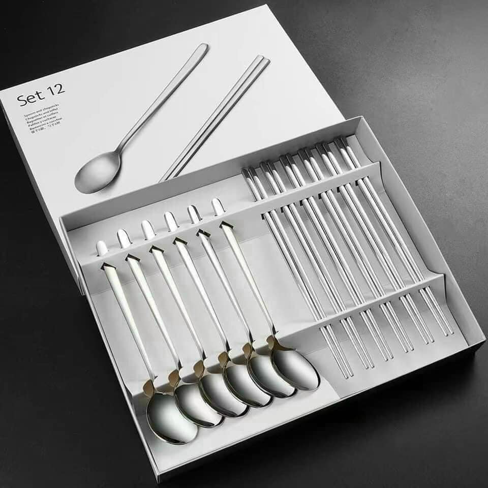 BỘ 6 THÌA+ 6 ĐÔI ĐŨA INOX 304