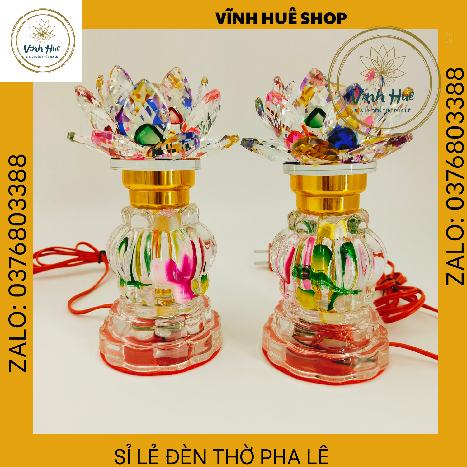 1 CẶP ĐÈN PHA LÊ, ĐÈN THỜ CÚNG, ĐẾ TRÒN HOA SEN MẠCH CHỚP 7 MÀU