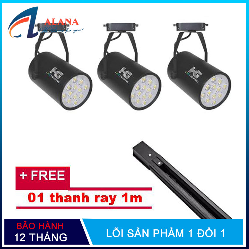 Bộ 3 đèn rọi ray 12w vỏ đen ánh sáng trắng hoặc vàng+ 1 thanh ray 1 mét