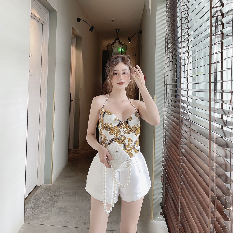 [Ảnh thật] Áo croptop dây yếm họa tiết cột nơ lưng