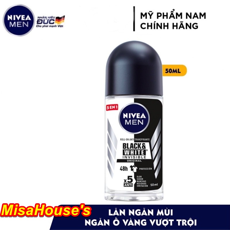 Lăn Ngăn Mùi NIVEA MEN Black &White - 48H Ngăn Mồ Hôi - Ngăn Vệt Ố Vàng (50 ml)