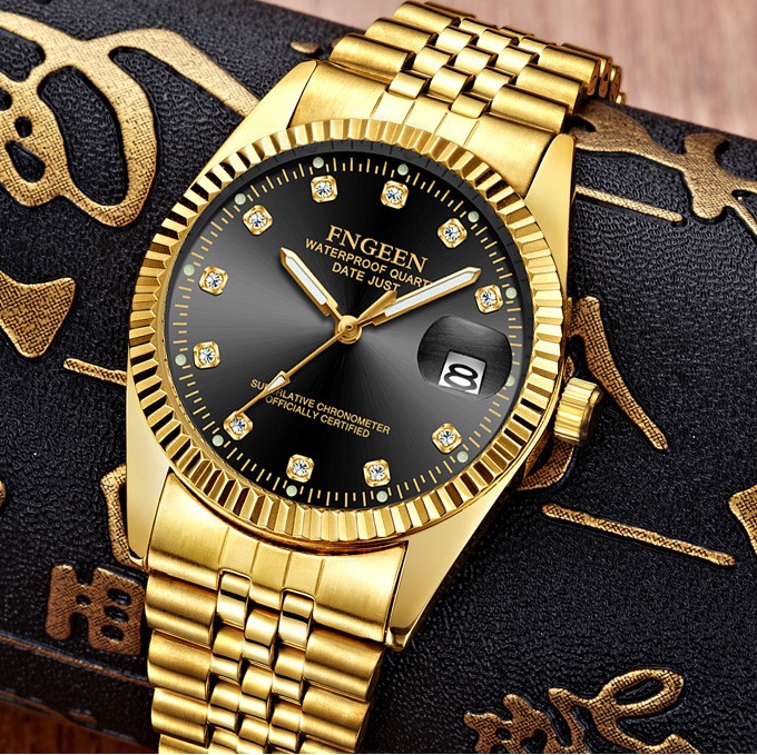 Đồng hồ nam FNGEEN F70088 lịch ngày sang trọng mặt số đính đá đẳng cấp doanh nhân dây hợp kim mạ vàng không gỉ HLEI M356F (Mặt đen or mặt vàng)