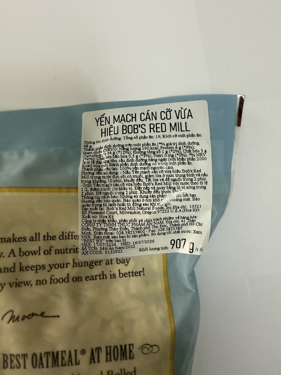 Yến mạch cán cỡ vừa hiệu bob's red mill (907g) nhập khẩu Mỹ