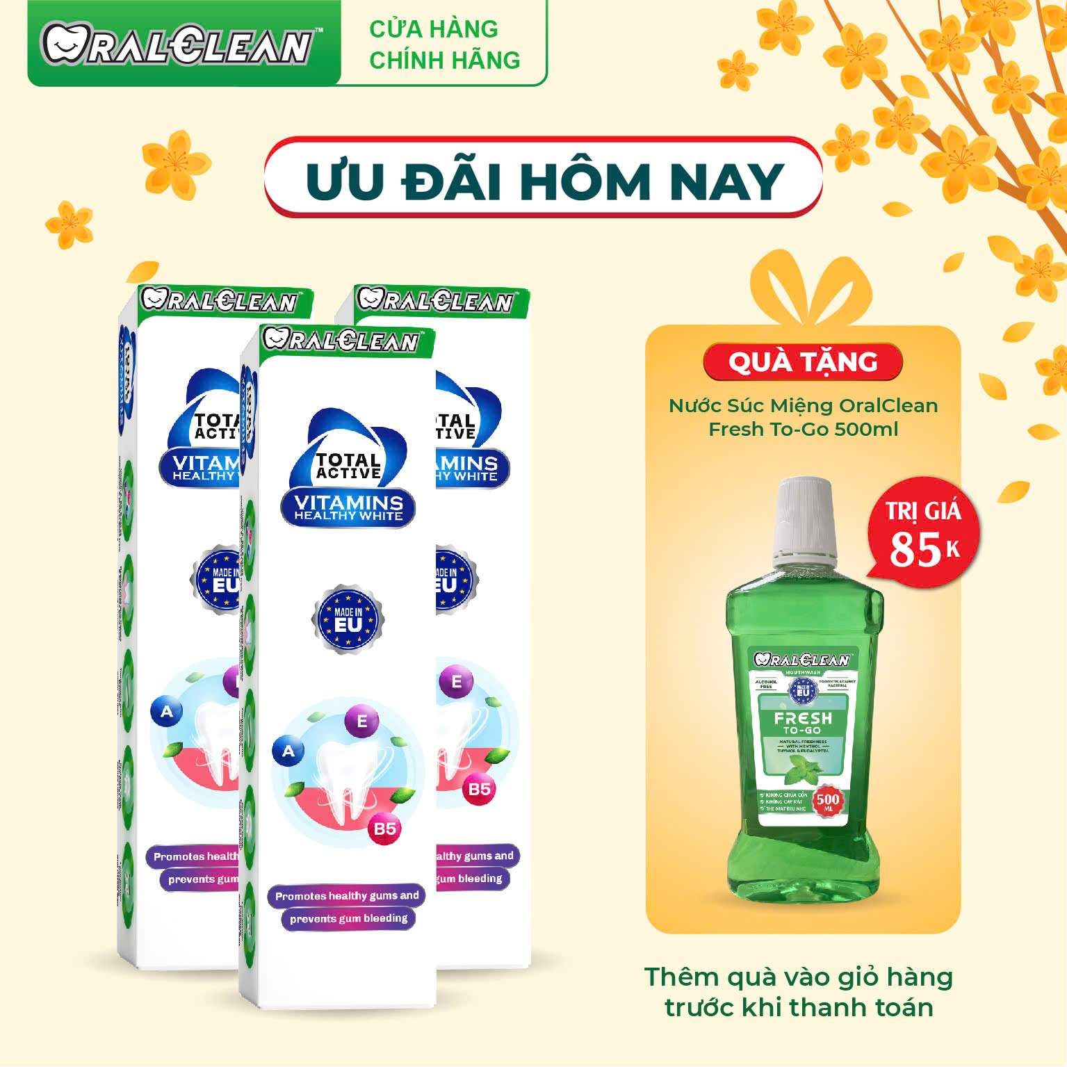 Combo 3 Kem Đánh Răng Trắng Răng OralClean Total Active Vitamin Healthy White 100ml/Tuýp