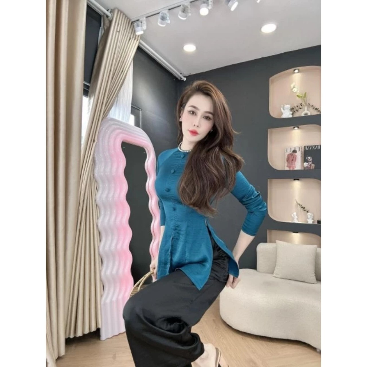 sét bà ba viền ngọc tay dài nút bọc