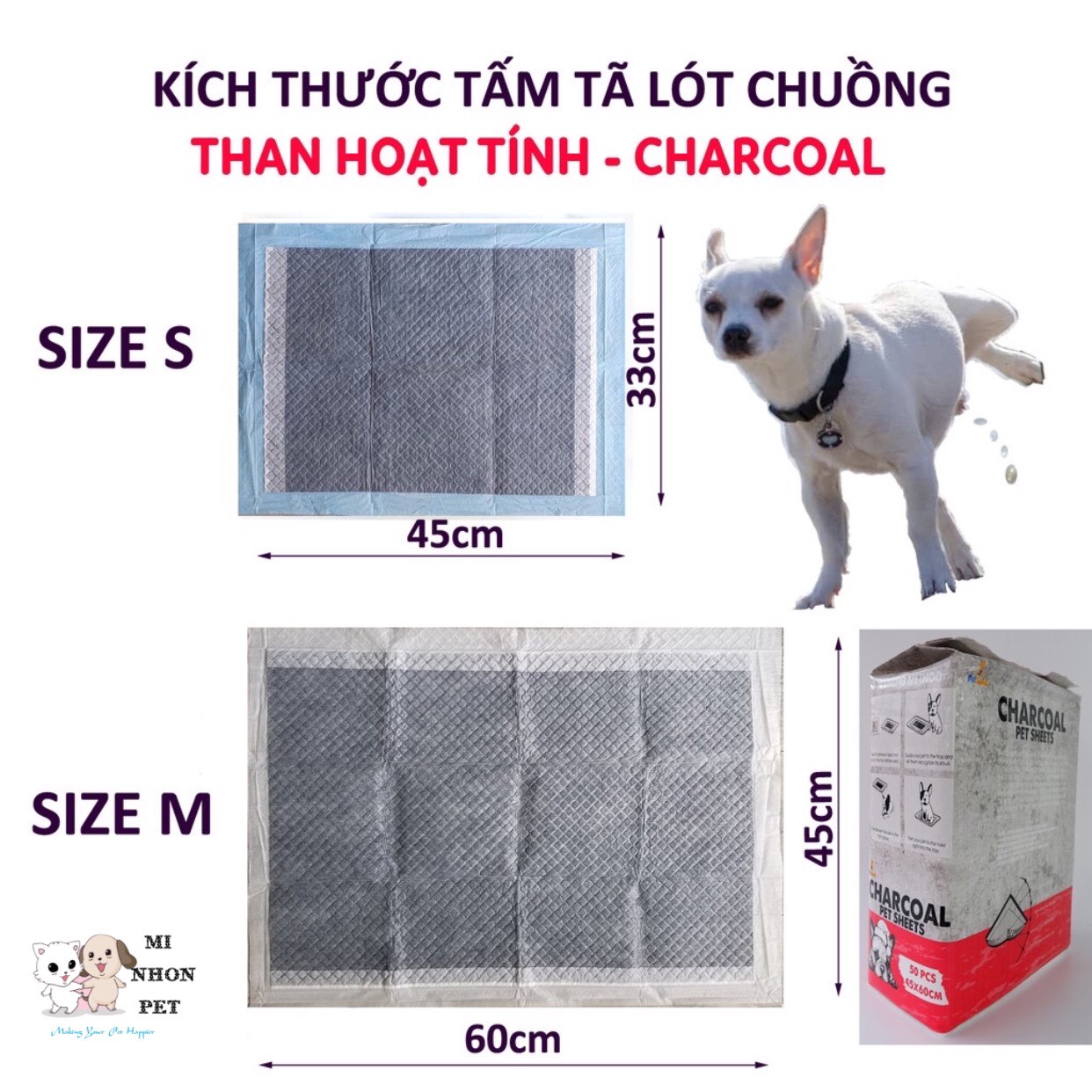 Thảm lót vệ sinh chó mèo Pet Training Pad Charcoal than hoạt tính cỡ S 33x45,l