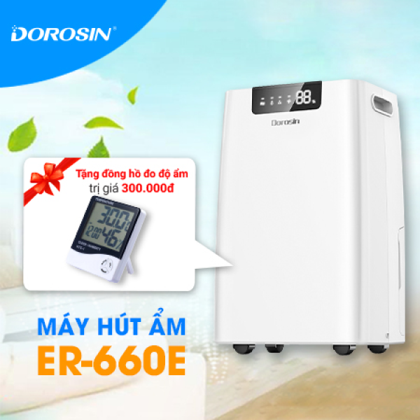 Máy hút ẩm Dorosin ER-660E công suất lớn 60 lít/ngày Tặng Đồng Hồ Đo Nhiệt Độ, Độ Ẩm HTC-01