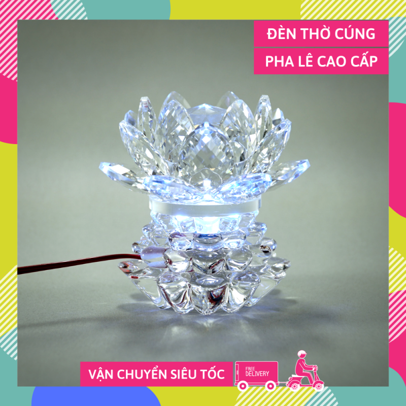Đèn thờ điện pha lê nguyên khối hoa sen đèn thờ Phật led đổi màu trụ bông tầng cao cấp - Cao 10cm