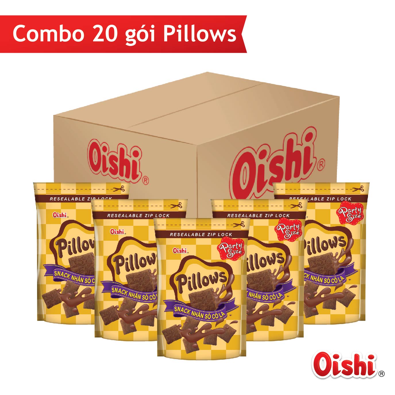 Thùng 20 gói Pillows Oishi nhân vị socola 85g gói