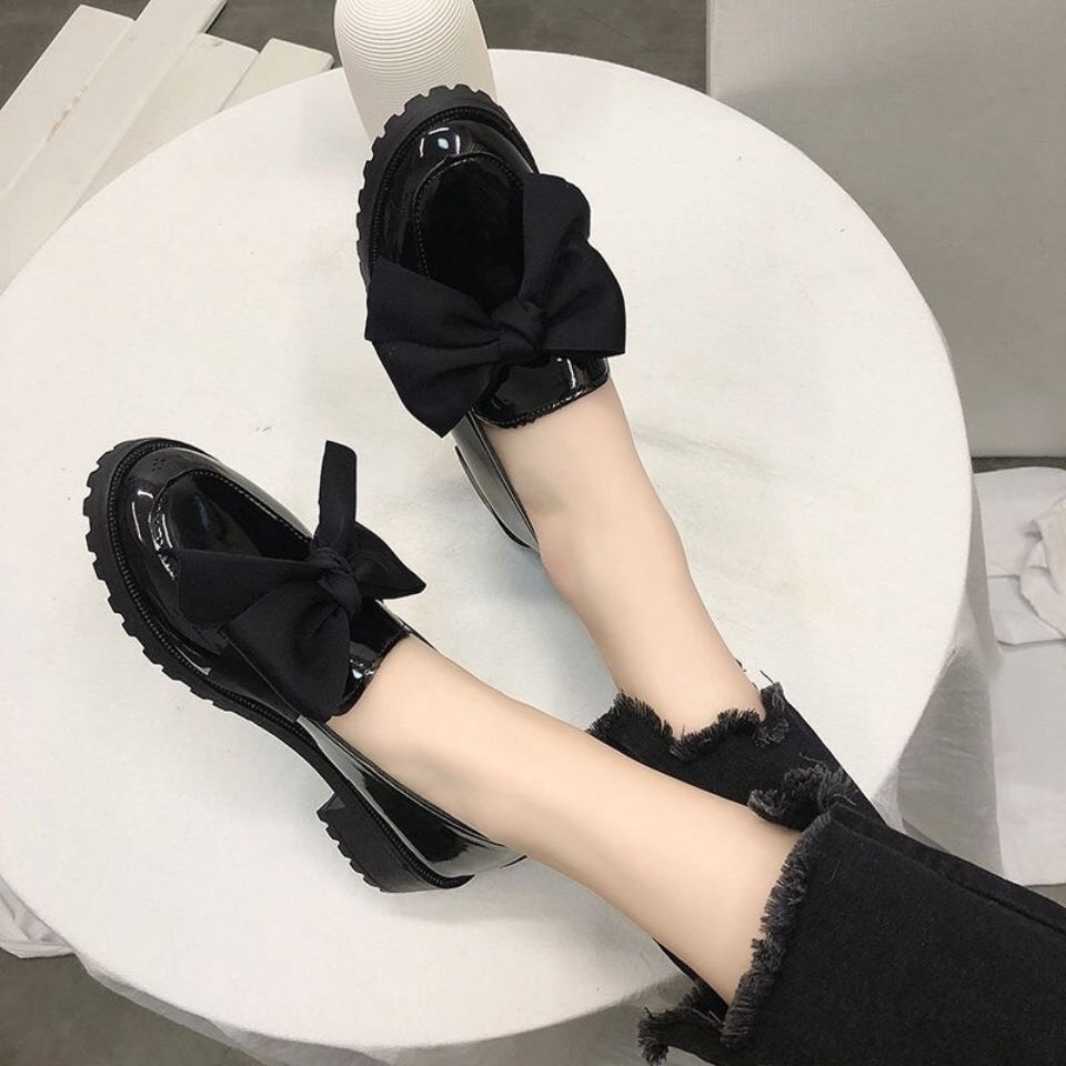 Giày đốc nữ mũi tròn phối nơ lụa to đế răng cưa 3cm thời trang