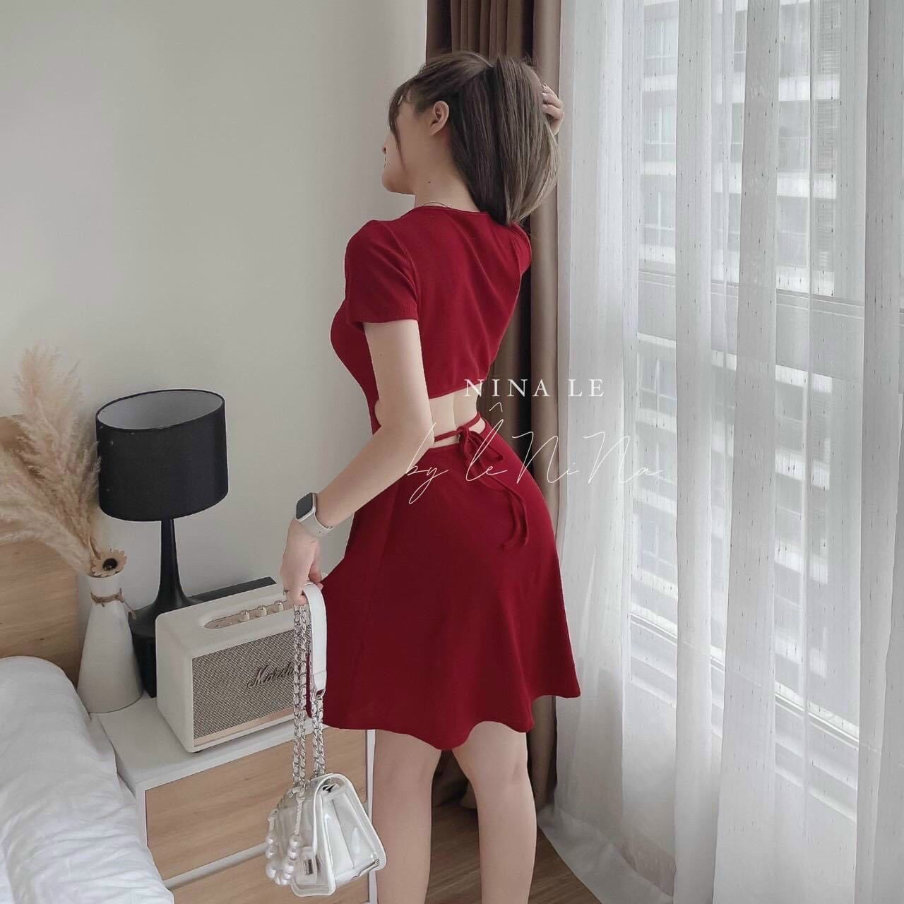 Váy đầm nữ dáng xòe hở eo cột nơ lưng xinh xắn