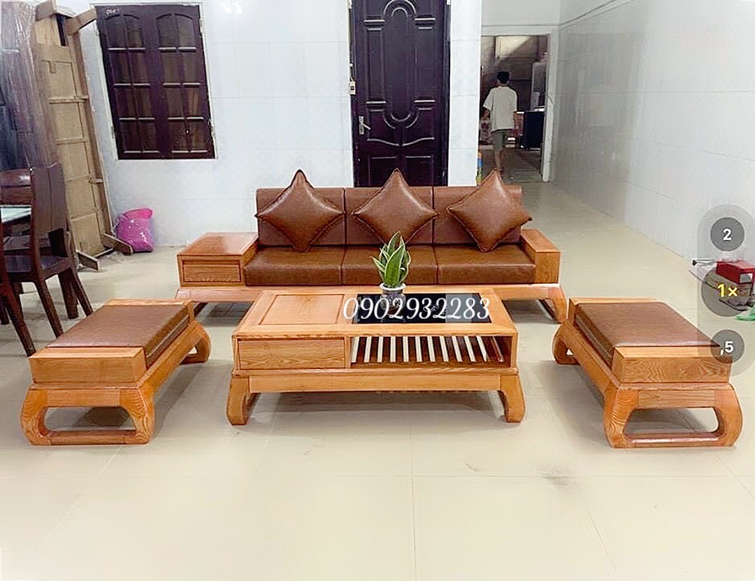 Bộ bàn ghế phòng khách sofa gỗ sồi 4 món nhỏ xinh G10 giá tại xưởng, miễn phí vận chuyển tại HCM
