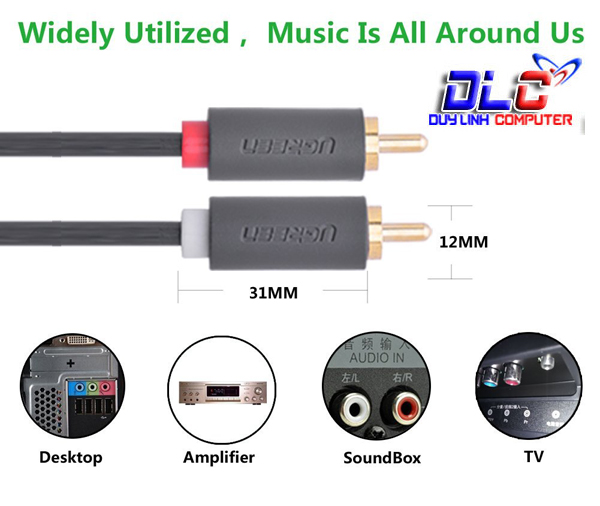 Cáp chuyển âm thanh jack 3.5mm cái sang 2 đầu hoa sen RCA đực dài 20CM UGREEN 10561 (màu đen)