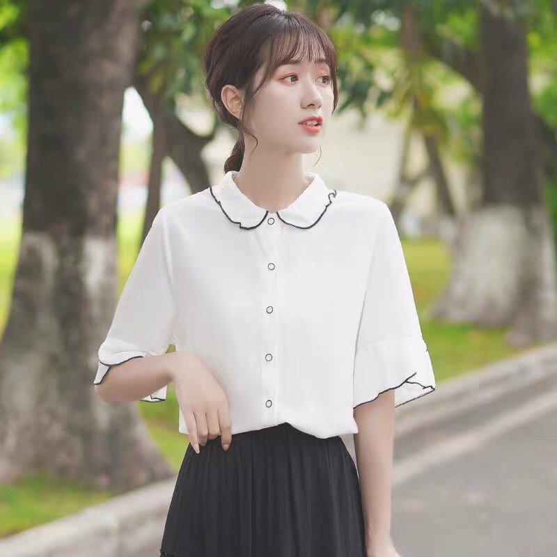 Áo Kiểu Sơ Mi Học Sinh Tay Ngắn Cổ Bèo Phối Viền Dấng Yêu TTSA0742