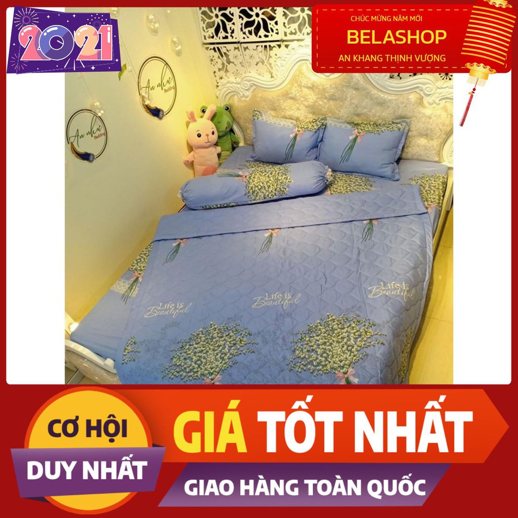 Bộ chăn ga gối kèm ôm gồm 1 chăn hè 1 ga 2 vỏ gối nằm 1 vỏ gối ôm hoa baby