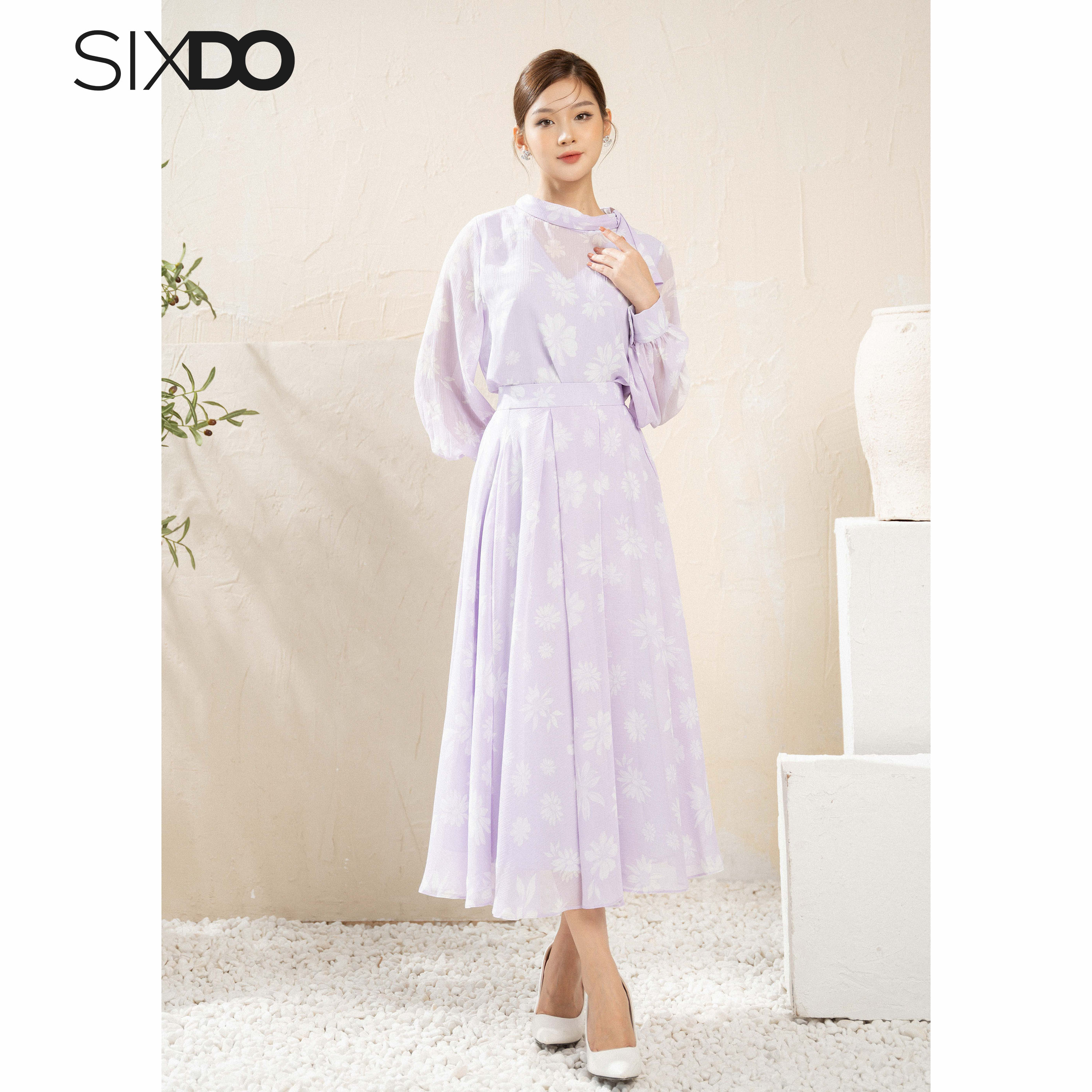 Chân váy voan hoa xếp ly SIXDO (Pleated Floral Midi Voile Skirt)
