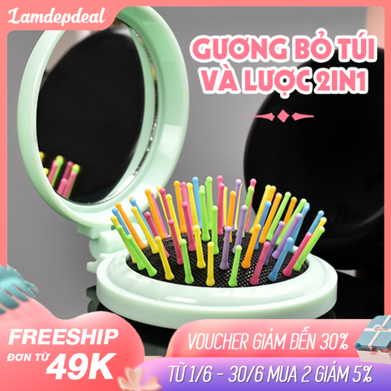 Lamdepdeal - Lược chải tóc kiếu gấp kèm gương 2in1 - Lược gấp bỏ túi nhỏ gọn, lược chải tóc gấp gọn cho bạn gái - Dụng cụ làm tóc. giá rẻ