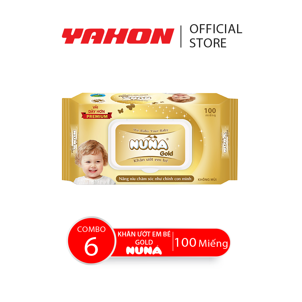 Combo 6 bao khăn uớt em bé nuna gold không mùi, 100 miếng/bao