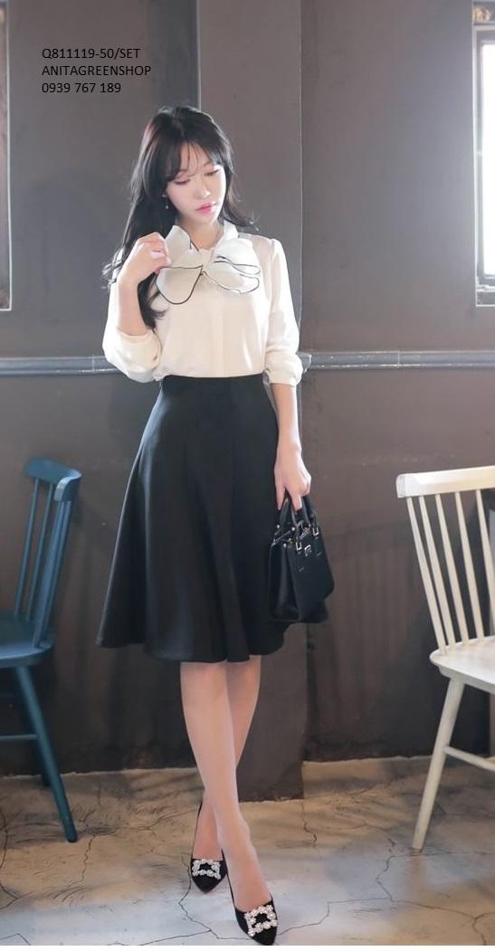 Q811119  SET ÁO NƠ PHỐI CHÂN VÁY XÒE