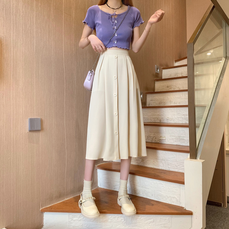 Chân váy dài Midi Ulzzang dáng suông chữ A dài qua gối 5 khuy phong cách trẻ trung năng động có bigsize LADOVA CV27