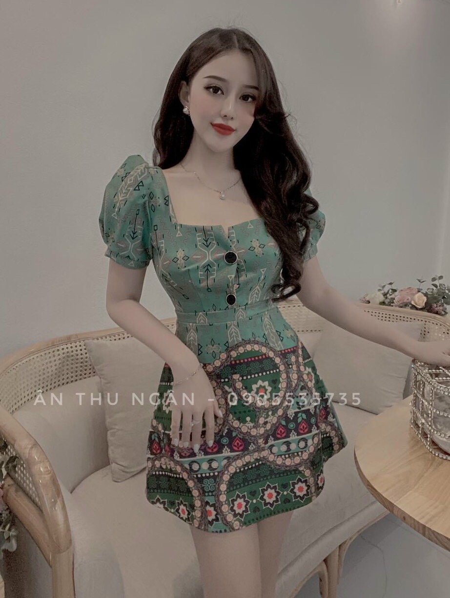 Dầm body tay phồng họa tiết hoa lá đính nút (có mút ngực)