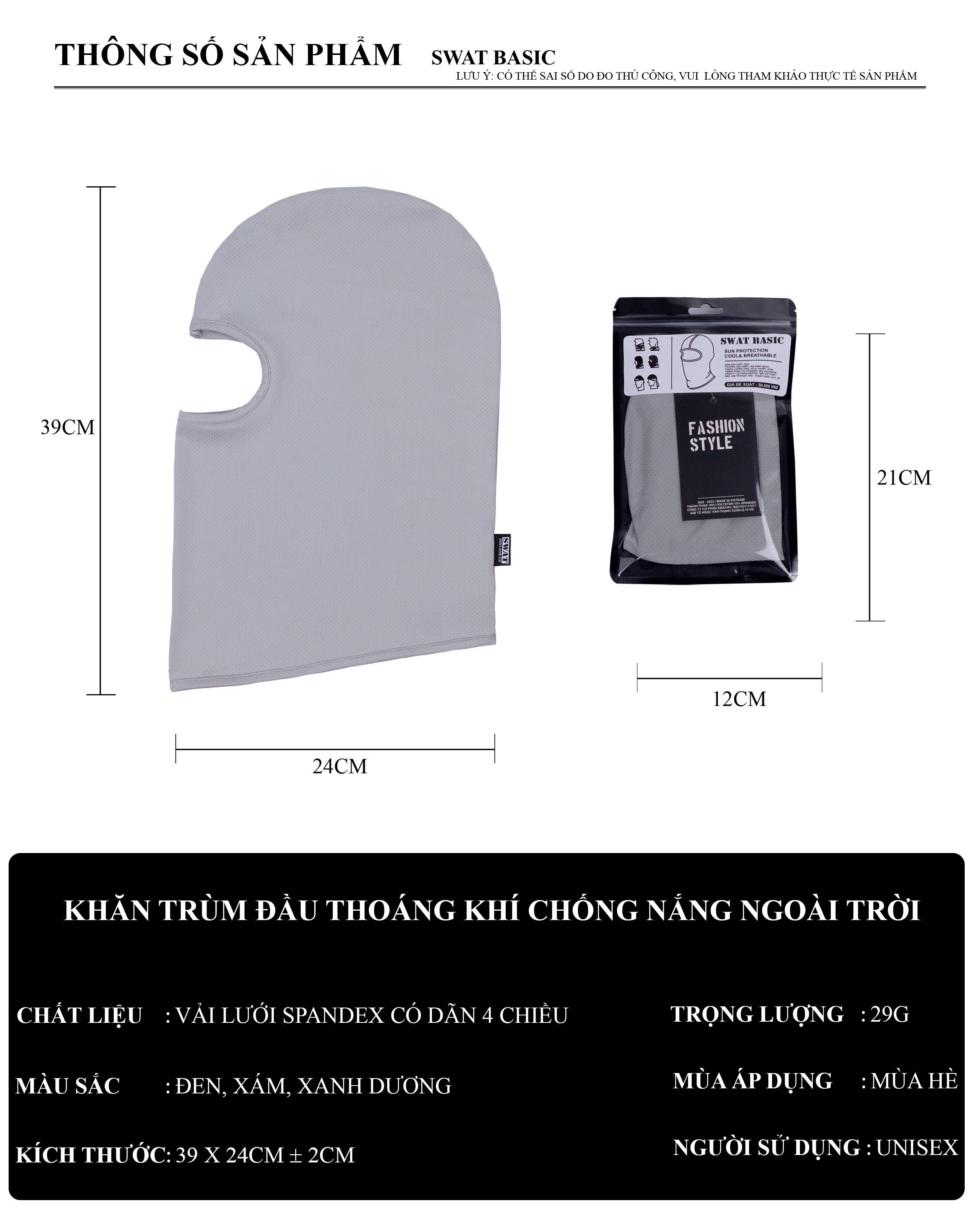 Khăn ninja SWAT BASIC trơn (3 màu) co dãn thấm hút mồ hôi