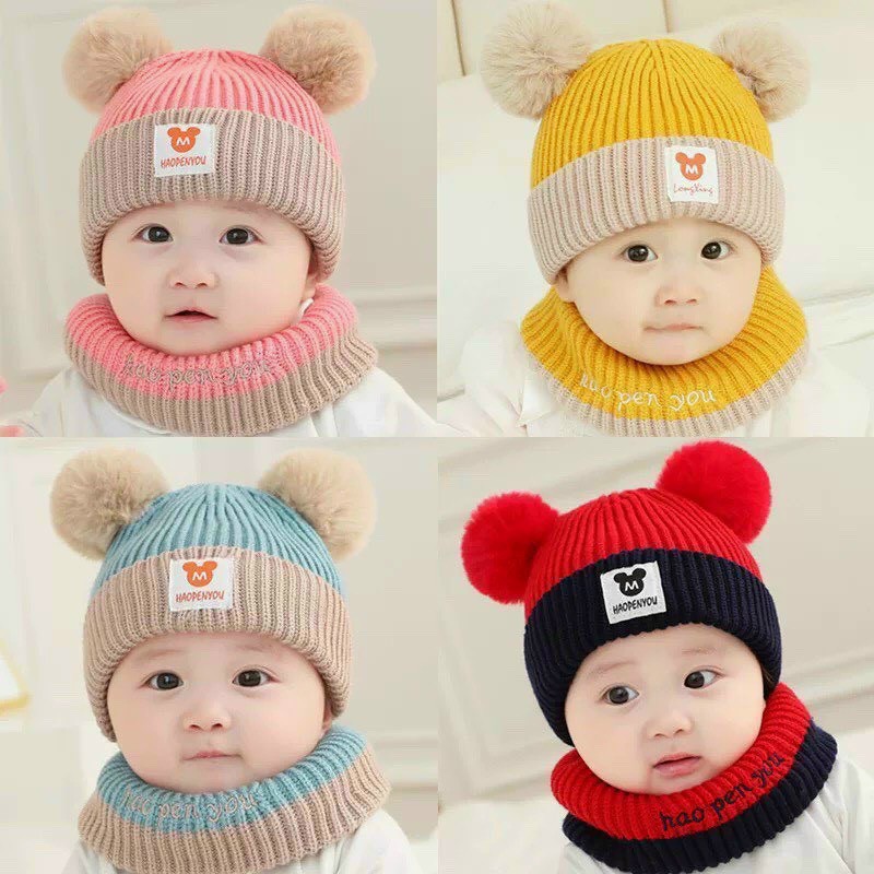Mũ len cho bé kèm khăn quàng cổ 6-36 tháng