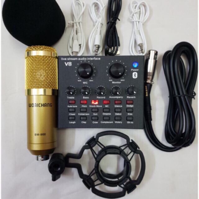 Trọn Bộ Hát Thu Âm Sound-Card V8 Micro BM900 Live Stream Oneline Tại Nhà – Bộ hát karaoke livestream giá rẻ – Combo Mic Livestream Hát Karaoke Chỉnh Giọng Chuyên Nghiệp.