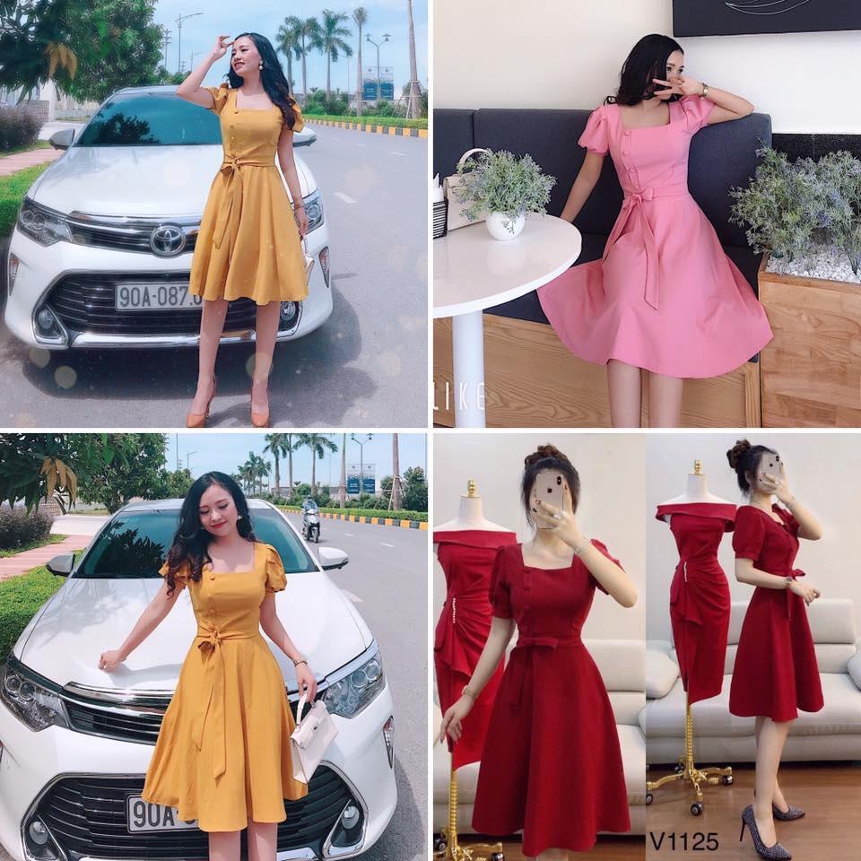 Đầm nữ thắt eo nút lệch cổ vuông tay phồng chất kate lụa vàng đỏ hồng