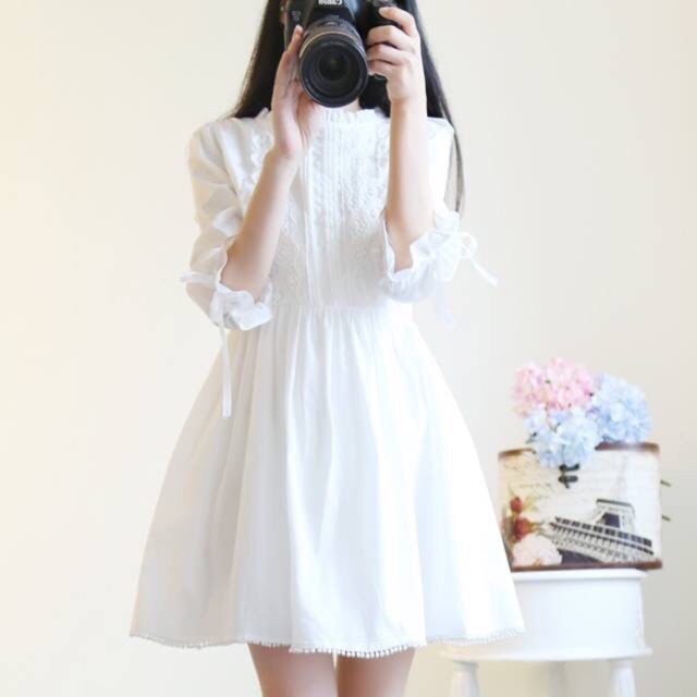 ĐẦM TRẮNG TAY NƠ MS12 (có ảnh thật)