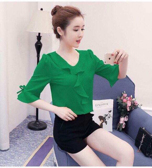 [HCM]Áo Cổ Bèo Tay Loe Phối Nơ Xinh Đẹp
