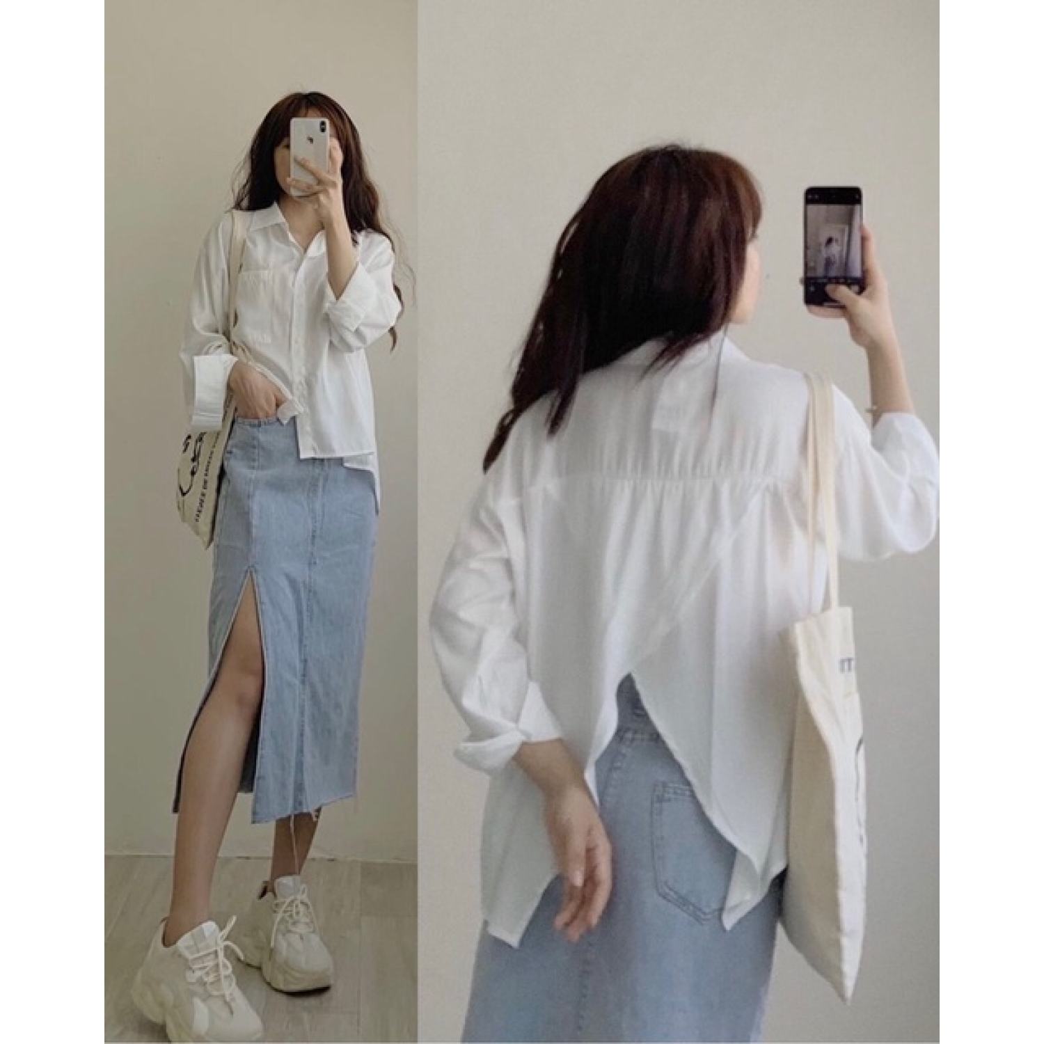 Áo sơ mi tay dài xẻ sau lưng