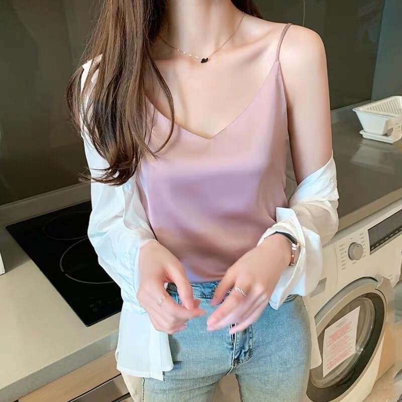 Áo 2 dây cổ tim - Áo lụa hai dây - chất vải lụa Hàn, mặc cực mát