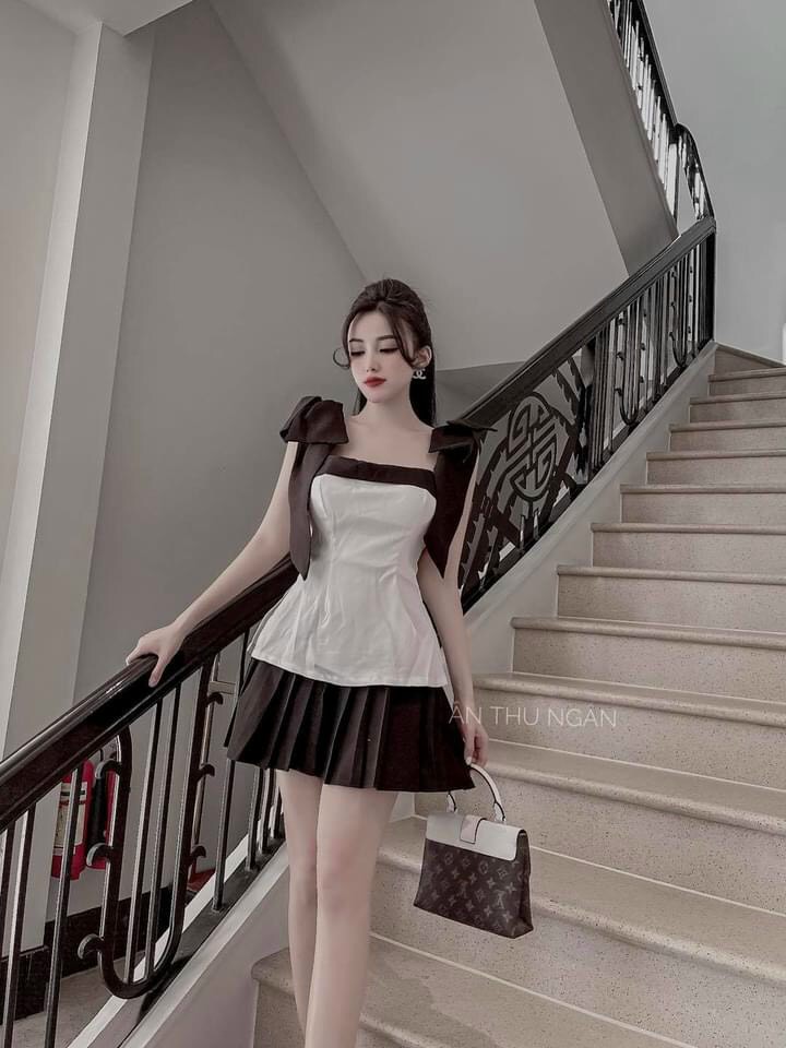 Sét áo nơ kèm chân váy xếp ly-TH#vaynu
