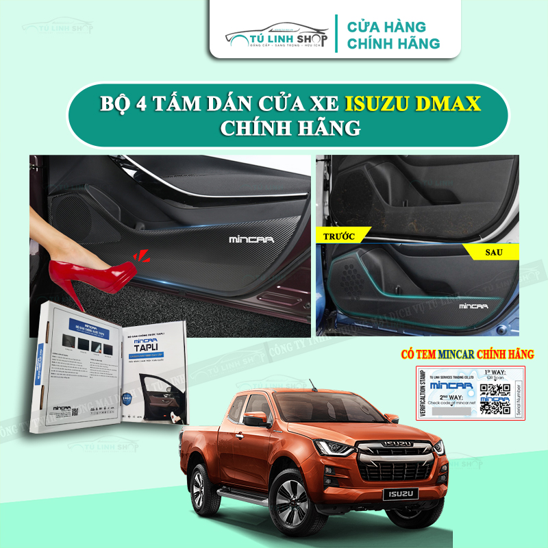 Bộ 4 Tấm dán Tapli xe ISUZU DMAX chính hãng MINCAR, chống xước tapi cửa ô tô bằng Carbon Air Fiber cao cấp