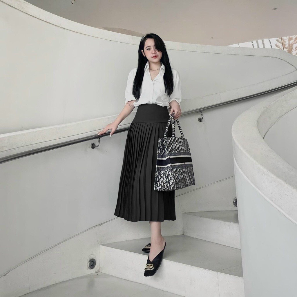 Chân váy công sở xếp ly cạp cao dáng dài dễ phối đồ-KTSM