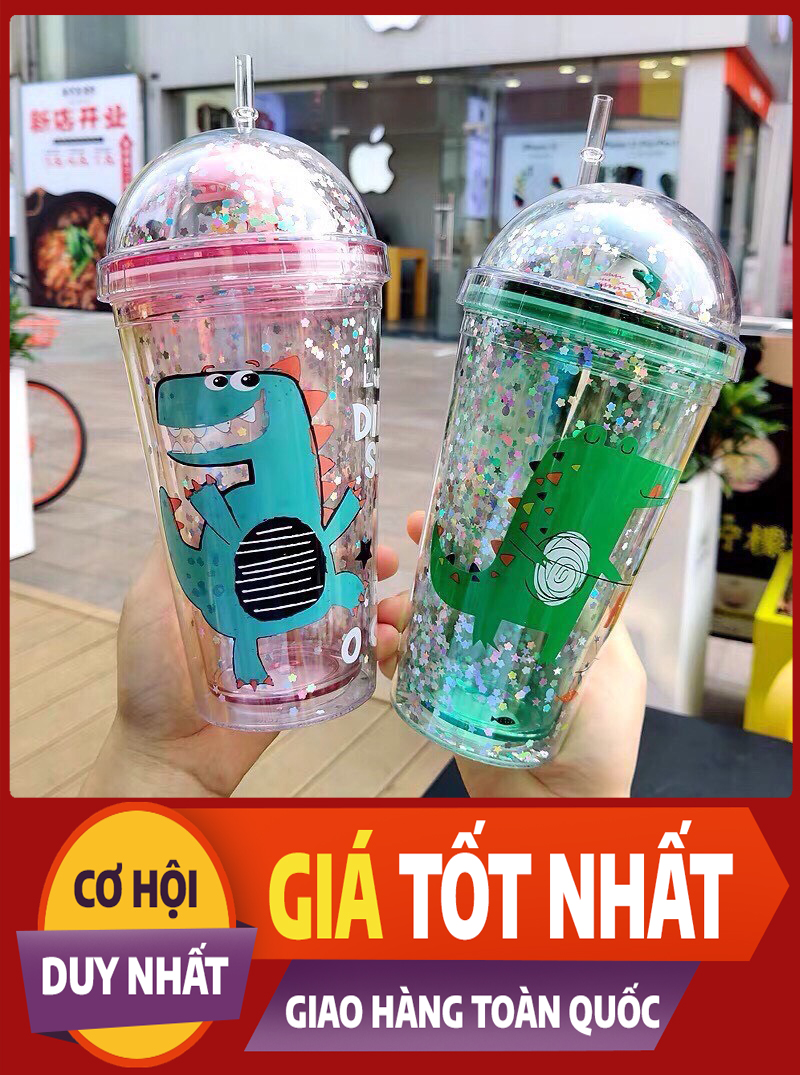 Ly Giữ Nhiệt Kim Tuyến Khủng Long Tặng Kèm Ống Hút - Bình Đựng Nước Giữ Nhiệt Kim Tuyến - Ly Đựng Nước Giữ Nhiệt 2 LỚP CÁCH NHIỆT Loại Tốt An Toàn Cho Sức Khoẻ , Ly Siêu Đẹp