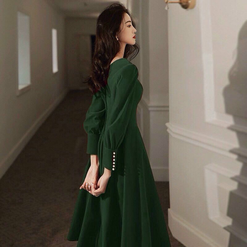 ĐẦM xòe CÔ DÂU tay dài CỔ V ĐÍNH NÚT
